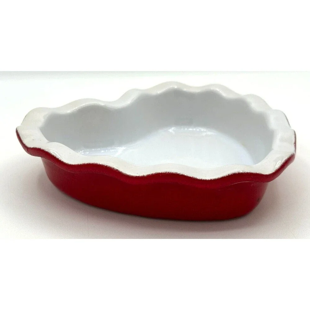 Emile Henry Red‎ & White Heart Shape Ruffled Dish Made in France 5 3/4” 61.49